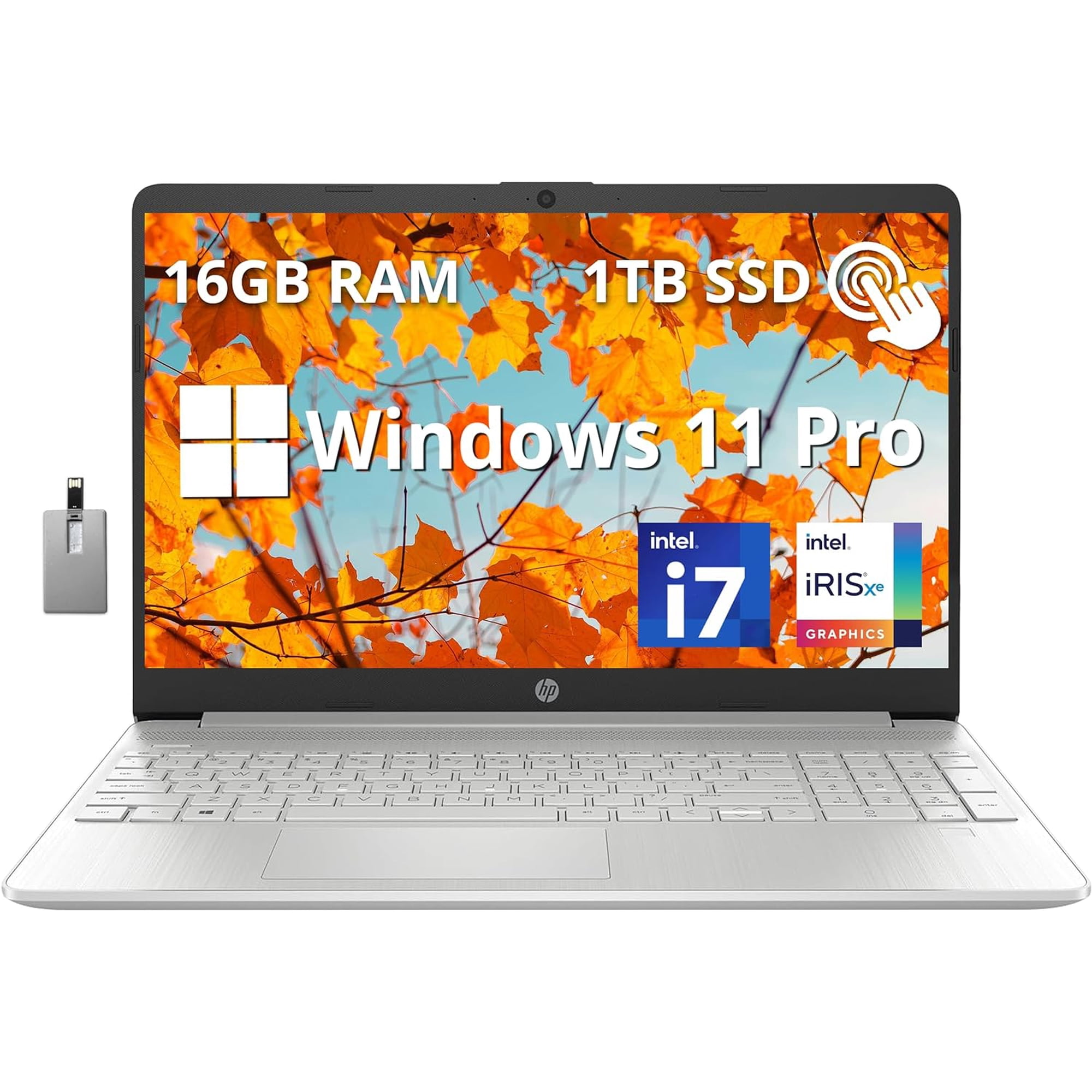 HP 15.6" FHD Touchscreen Business Laptop, Intel Core i7-1255U, 16GB RAM, 1TB PCIe SSD, Intel Iris Xe Graphics, Num Pad, Webcam, Windows 11 Pro, Natural Silver, 32GB Hotface USB Card