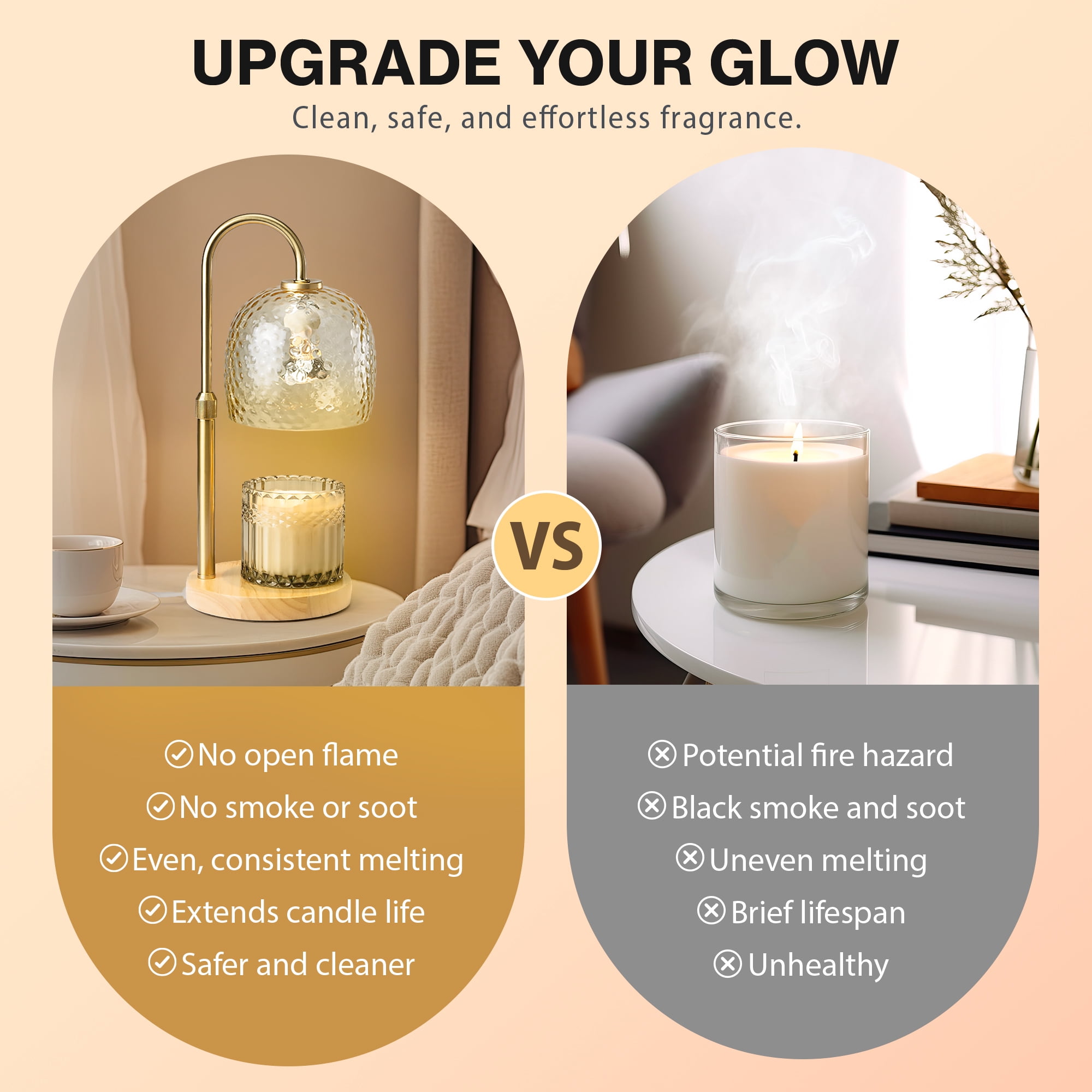 Better Homes & Gardens Amber Hammered Glass Candle Warmer Lamp with Adjustable Height & Light Wood Base