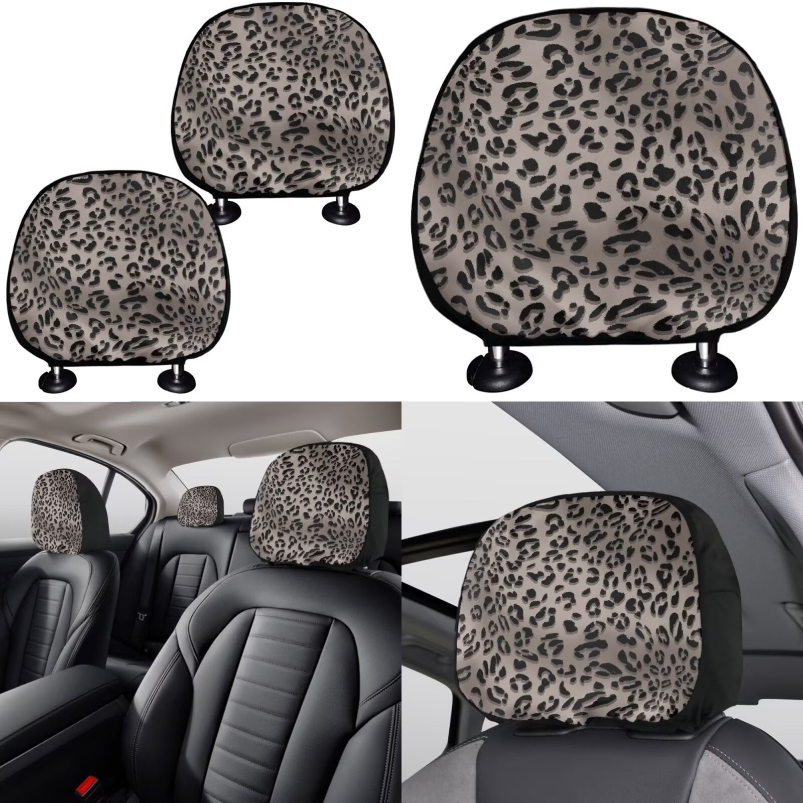 Garronmavis Grey Leopard Car Seat Covers Full Set with Steering Wheel Wrap Gear Shift Cover Handbrake Sleeve Headrest Protectors Cup Coaster Universal Fit for Most Auto Sedan Van Truck