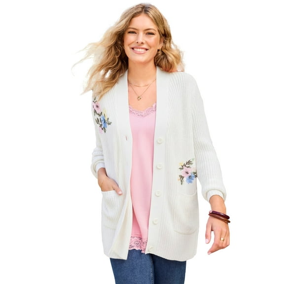 Woman Within Plus Size Embroidered Shaker Cardigan Sweater