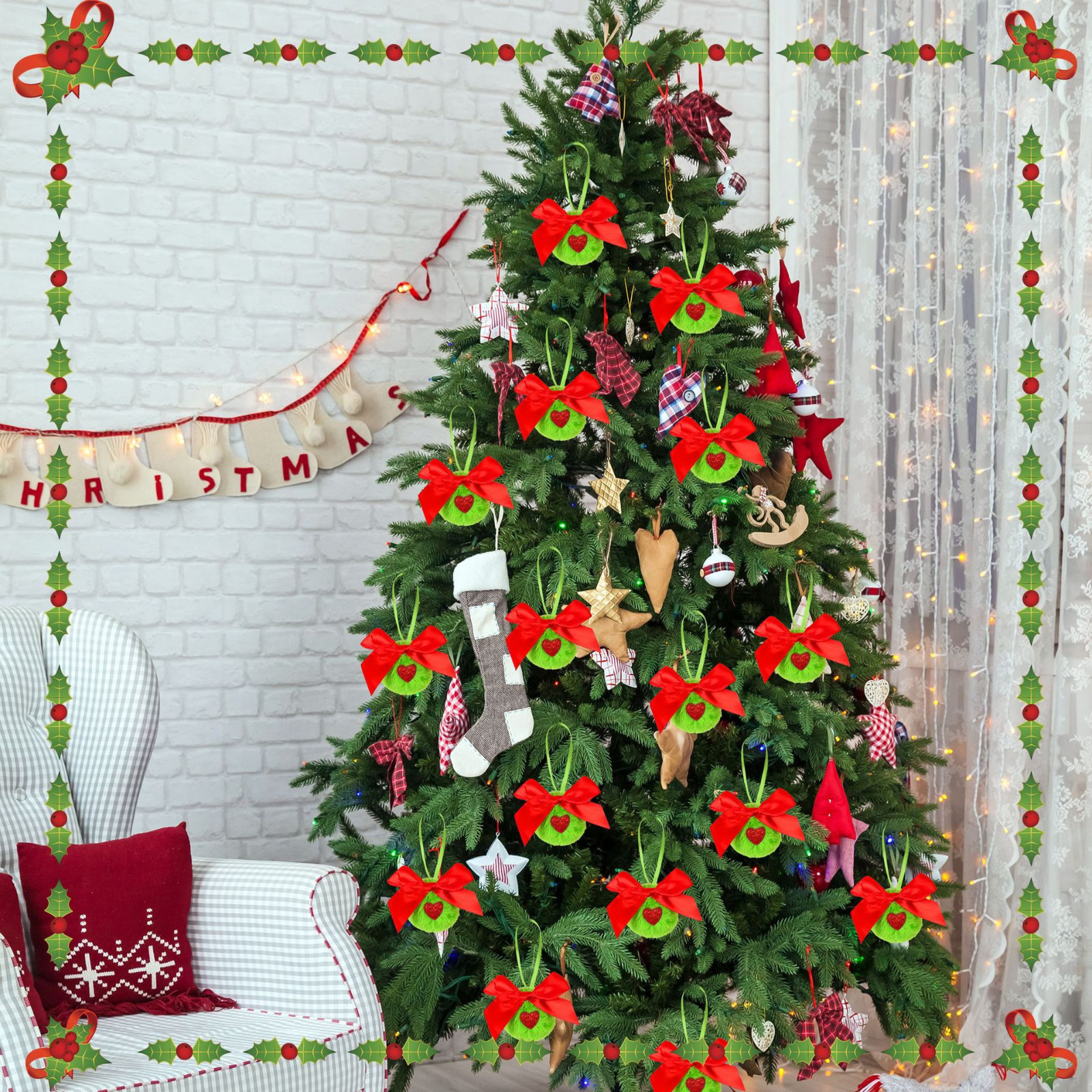 Boules De Noël En Fourrure Verte - Lot De 12 Ornements Elfes 3,2 Pouces Avec Ruban Suspendu, Déco D'arbre Et De Maison