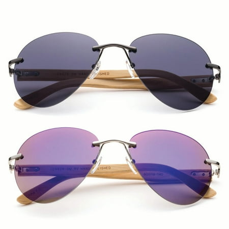 Newbee Fashion - Bamboo Arm Oversized Rimless Aviator Sunglasses with Flash Lens Bamboo Sunglasses for Men & Women