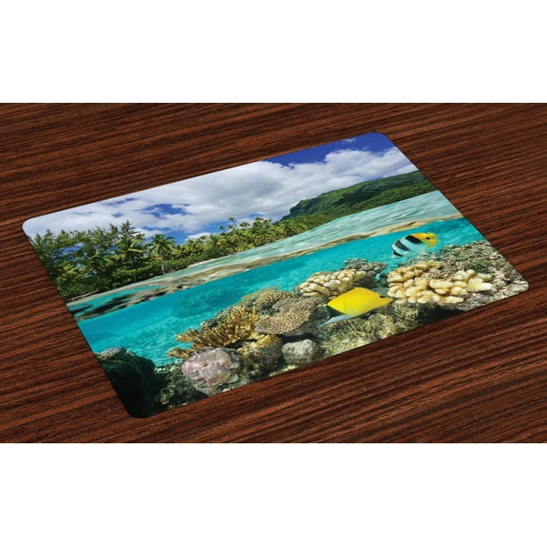 Island Placemats Set of 4 Pacific Ocean French Polynesia Lagoon of Huahine Lush Shore with