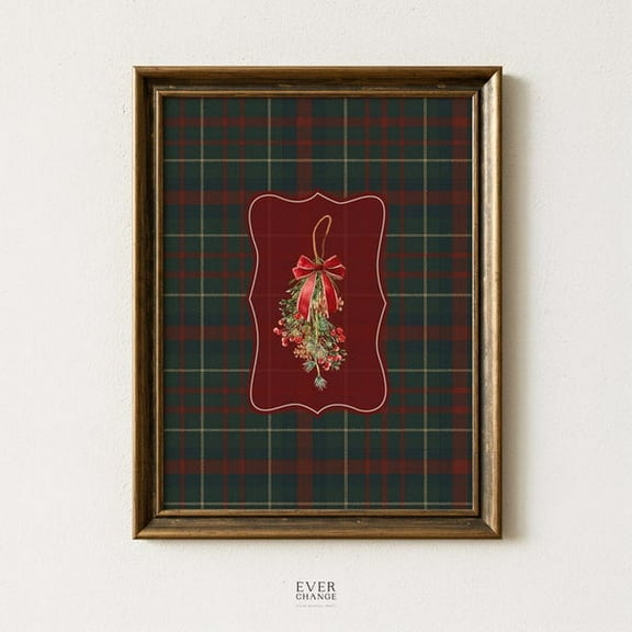 Vintage Christmas Wall Decor, Branch With Red Bow On Tartan Plaid Print, Dorm Poster, Festive Prints, Classic December Holiday Art- Wall Art Print, 8x12 UNFRAMED