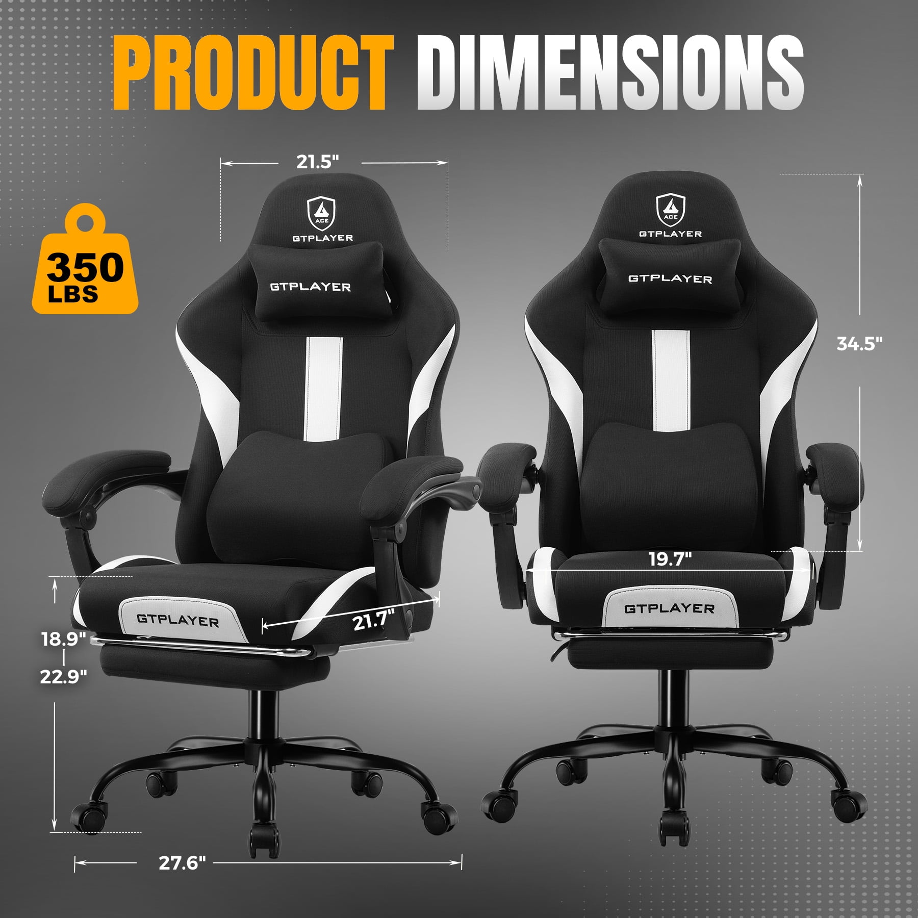 GTPLAYER Gaming Chair Office Chair Fabric with Footrest & Adjustable Headrest, Black