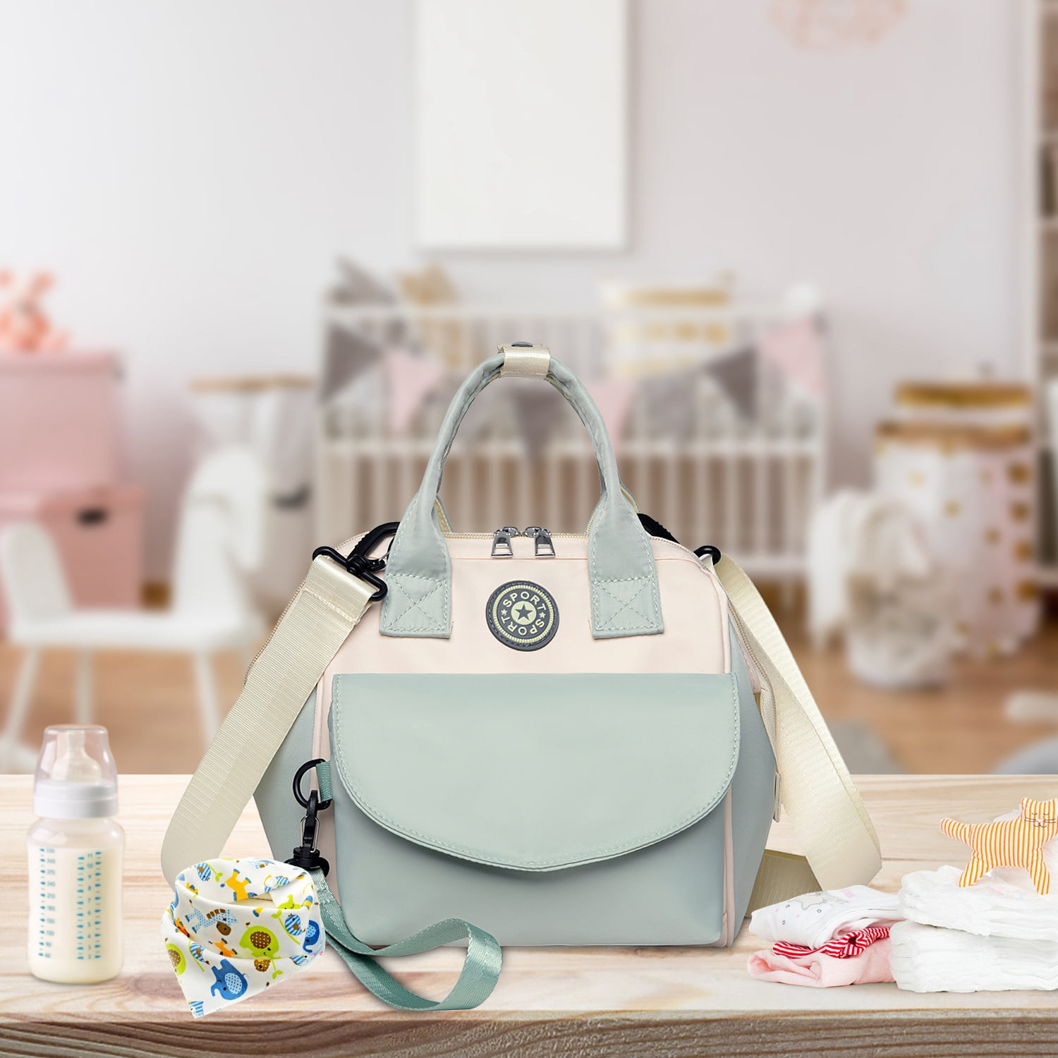 Moclever Baby Nappy Diaper Bag with Insulated Pockets Adjustable Shoulder Strap Diaper Handbag 5 Ways to Wear for Mom, Green