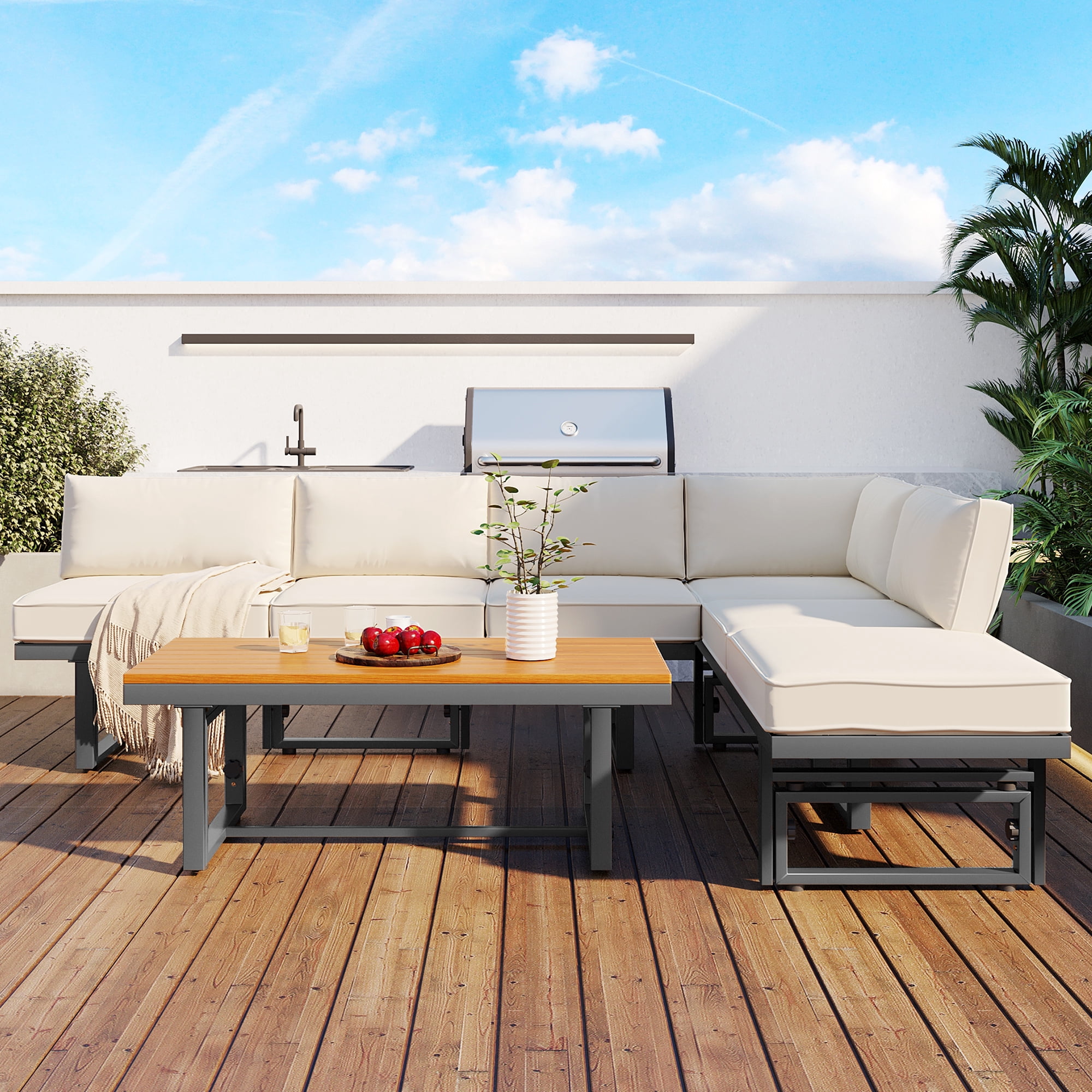 Harper & Bright Designs Metal Patio Conversation Furniture Set, 3 Pieces Modern Outdoor Sectional Sofa Set with Coffee Table and Height Adjustable Seating for Garden and Backyard, Beige
