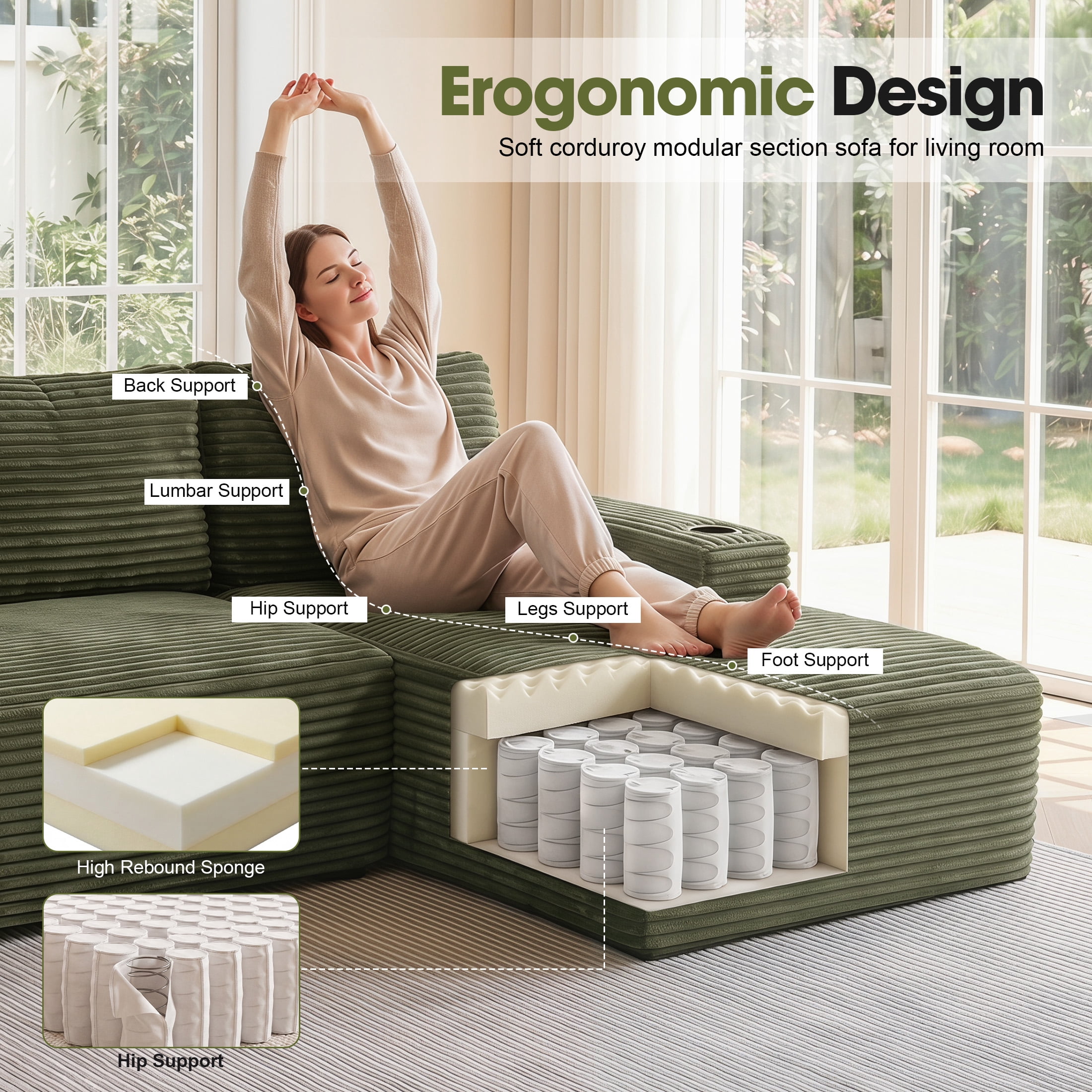 Aenkyo 133 in U-Shaped Cloud Corduroy Sectional Sofa with Cup Holders for Living Room, Green