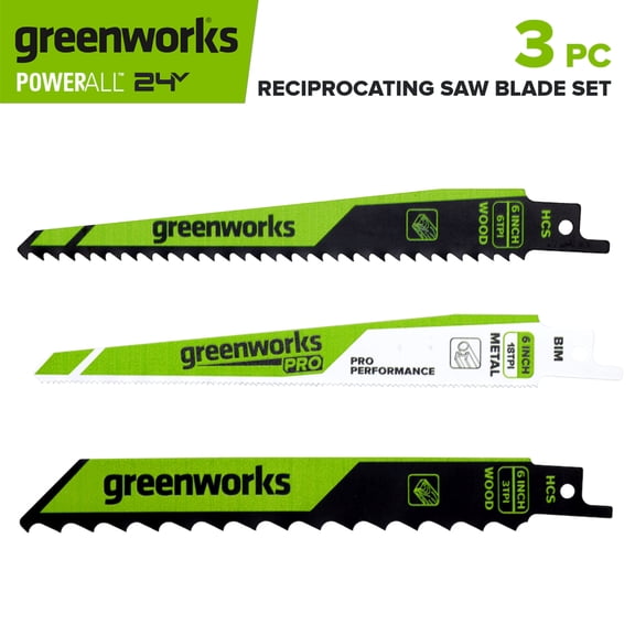 Greenworks 3-Piece 6" Reciprocating Saw Blade Set, with 3 TPI and 6 TPI Wood Blades and 10 TPI Pro-Grade Metal Blade, PA53313A1