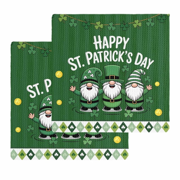 St. Patrick's Day Kitchen Dish Towels for Drying Dishes Set of 2, Lucky Shamrock Gnomes Gold Coin Spring Green Waffle Weave Microfiber Hand Tea Bathroom Towels Quick Dry & Absorbent Towel 12x12