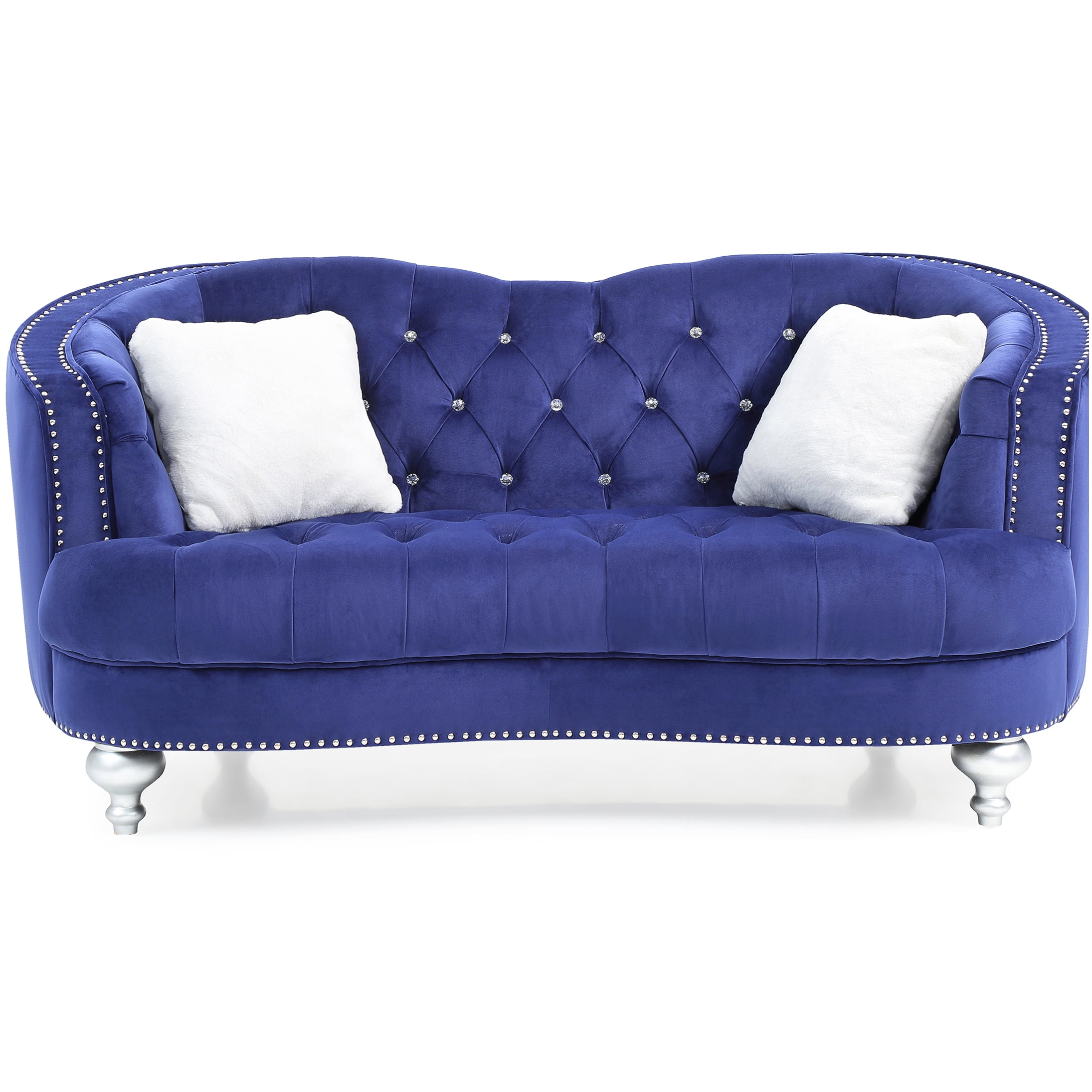 Blue Velvet Traditional Loveseat Sofa for Two, Cozy Upholstered Bench Couch with Recessed Arms