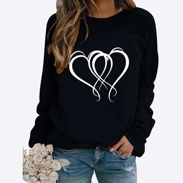 Jsaierl Hauts de la Saint-Valentin pour Femmes Mignons Imprimé Cœur Chemises Décontractées Manches Longues Tendance Col Rond Blouses 2025