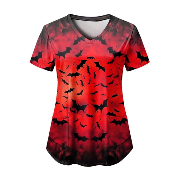 felwors Halloween Scrub Tops Women Cute Ghosts Print V-Neck Short Sleeve Nurse Shirts Medical Uniforms with Pockets (Red, L)