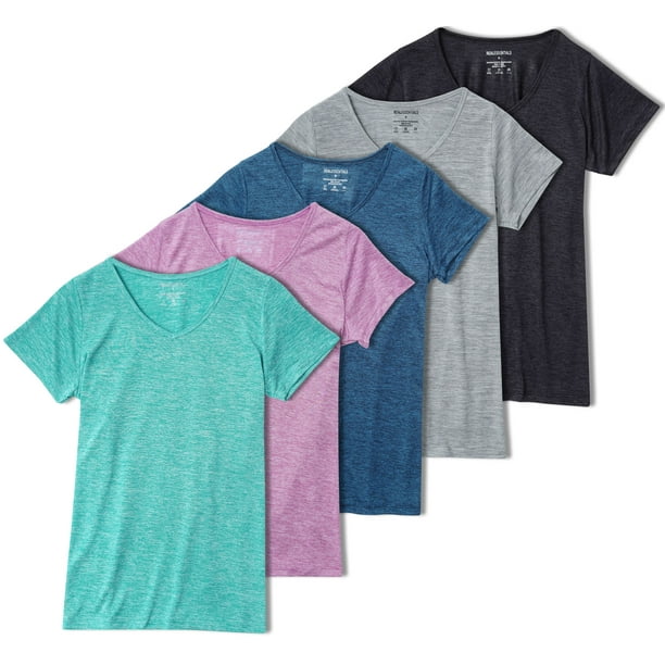 5-Pack Women's Short Sleeve V-Neck Activewear T-Shirt Dry-Fit Moisture Wicking Perfomance Yoga Top