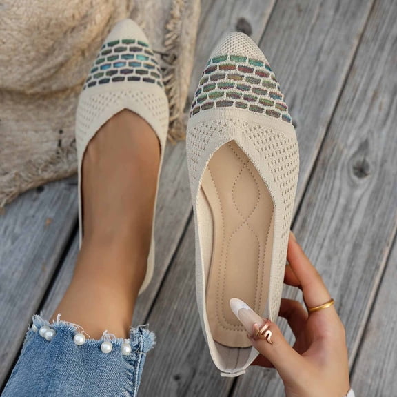 Crunowin Women's Large Size Flats Pointed Toe Toe & Heel Cap Slip-On Style Breathable Soft Sole Shoes Beige Size6.5