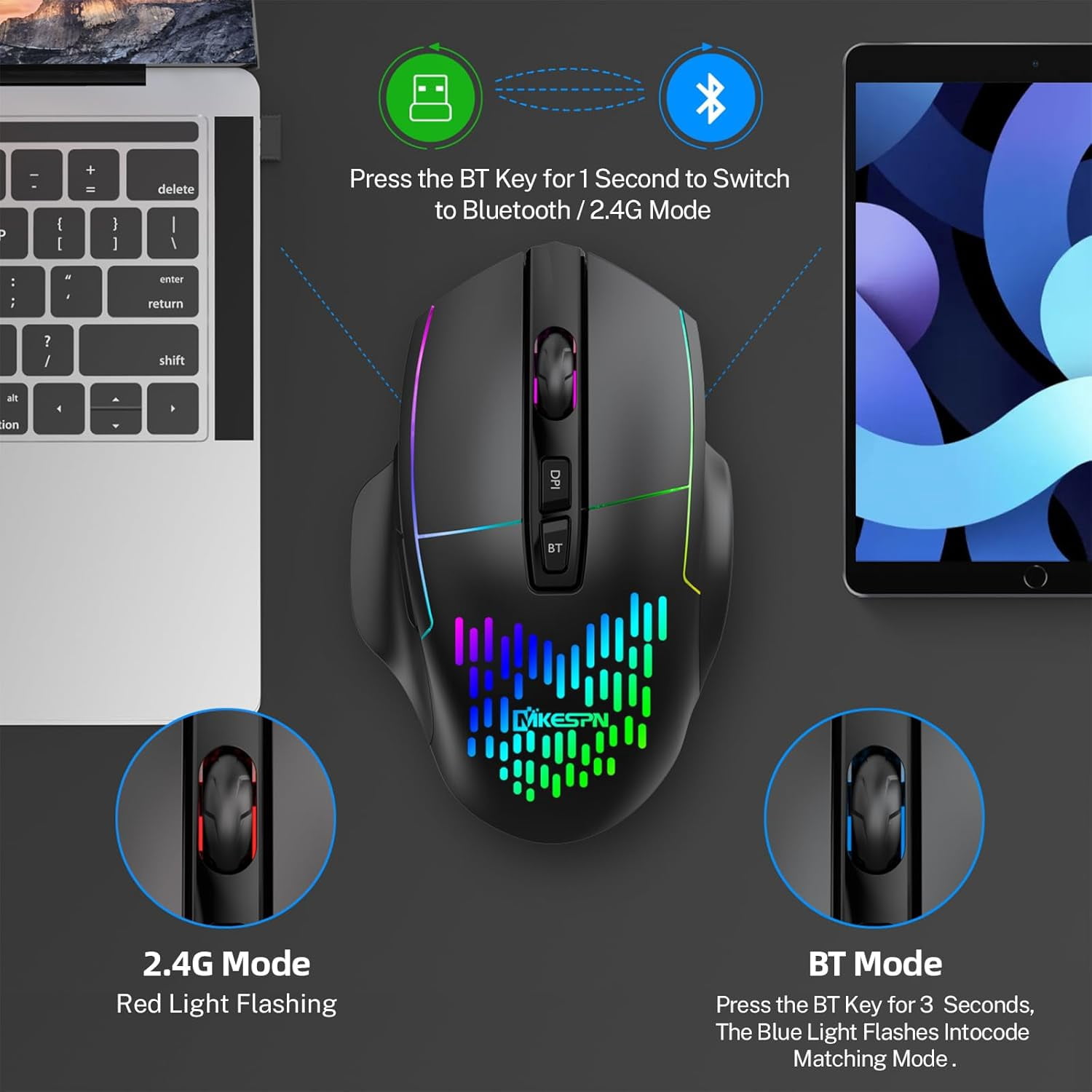HRTGFD-Wireless Gaming Mouse, 2.4G & Bluetooth Dual Mode, 1600 DPI, 7 Silent Buttons, 500mAh Rechargeable Battery, RGB Backlit, Ergonomic Design for PC/Mac/Laptop (Black)