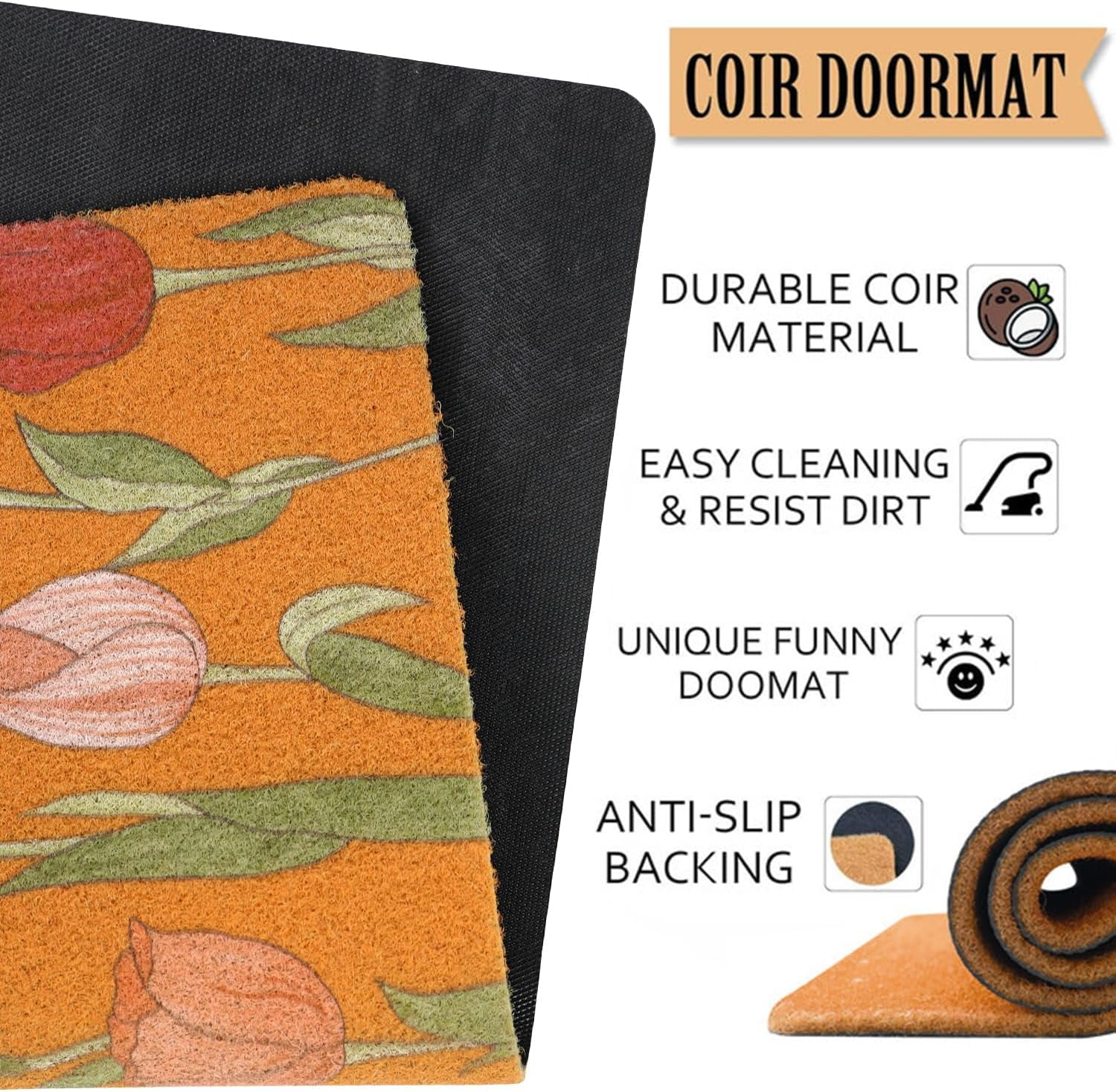 Red Pink White Tulip Coir Door Mat for Front Door, Spring Summer Flower Outdoor Welcome Mats for Entrance,Garden,RV,Patio,Home Porch Decor Doormat 30x17 Inch