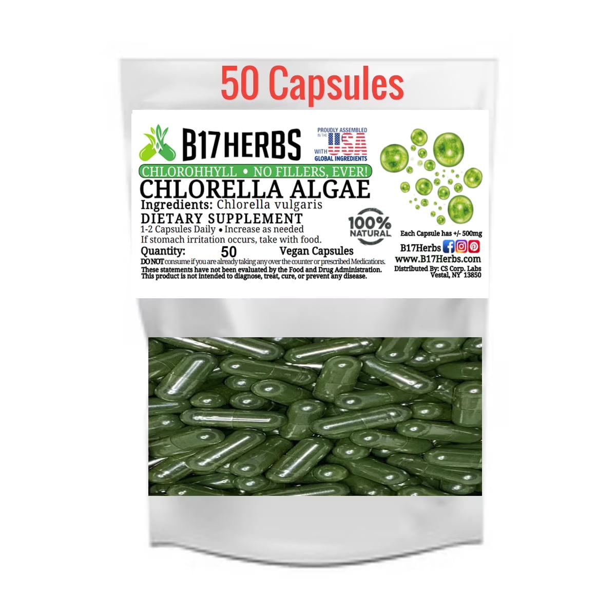 Chlorella Veggie [C] apsules - Superfood - Green Algea - Honest Herbs - 50 Caps, 500mg