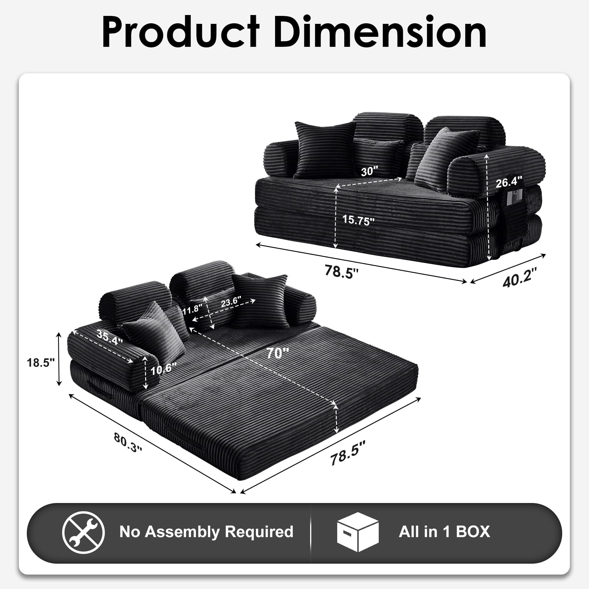 Howcool 78.5” Convertible Sleeper Sofa Bed, Foldable Corduroy Loveseat Couch, Boneless Compression Sofa with Memory Foam, No Assembly Required,Black