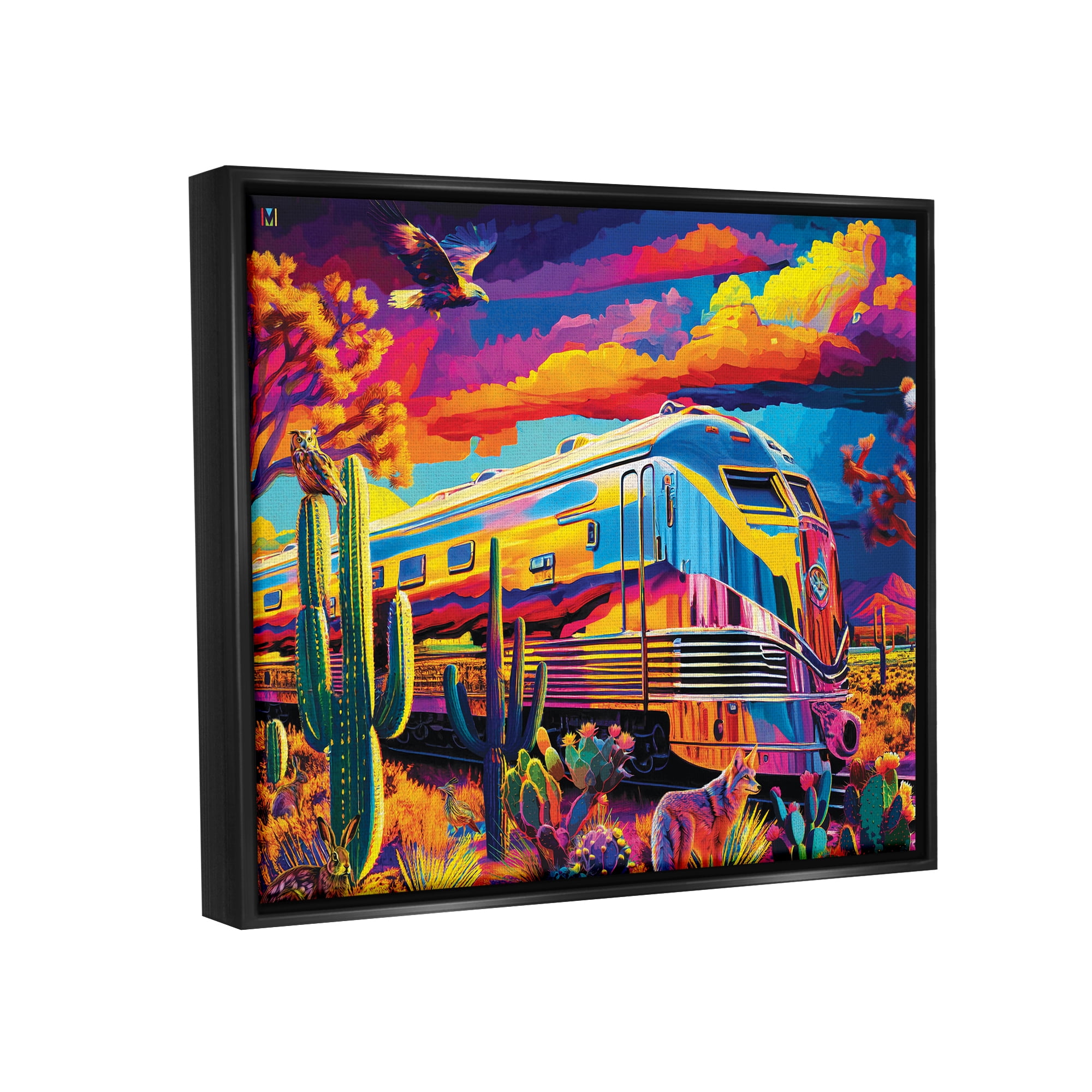 Stupell Industries Vivid Desert Train Scene Transportation Painting Black Floater Framed Art Print Wall Art, 31 x 25