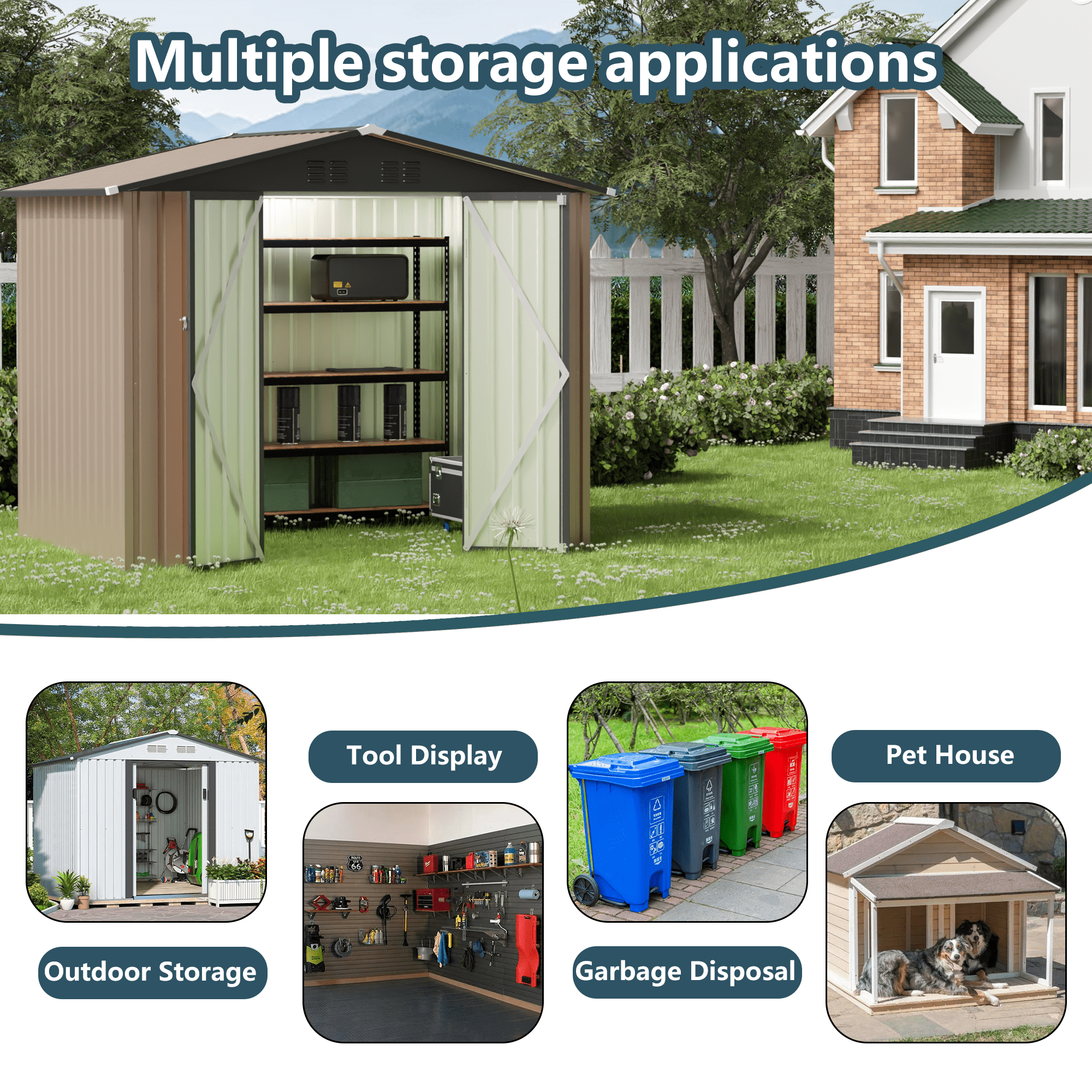 Mintazer 8x6 ft Pent Sloped Roof Outdoor Metal Storage Shed with Lockable Double Doors & Top Vent Slots, Weatherproof Garden Tool Storage House for Backyard Patio Lawn, Brown