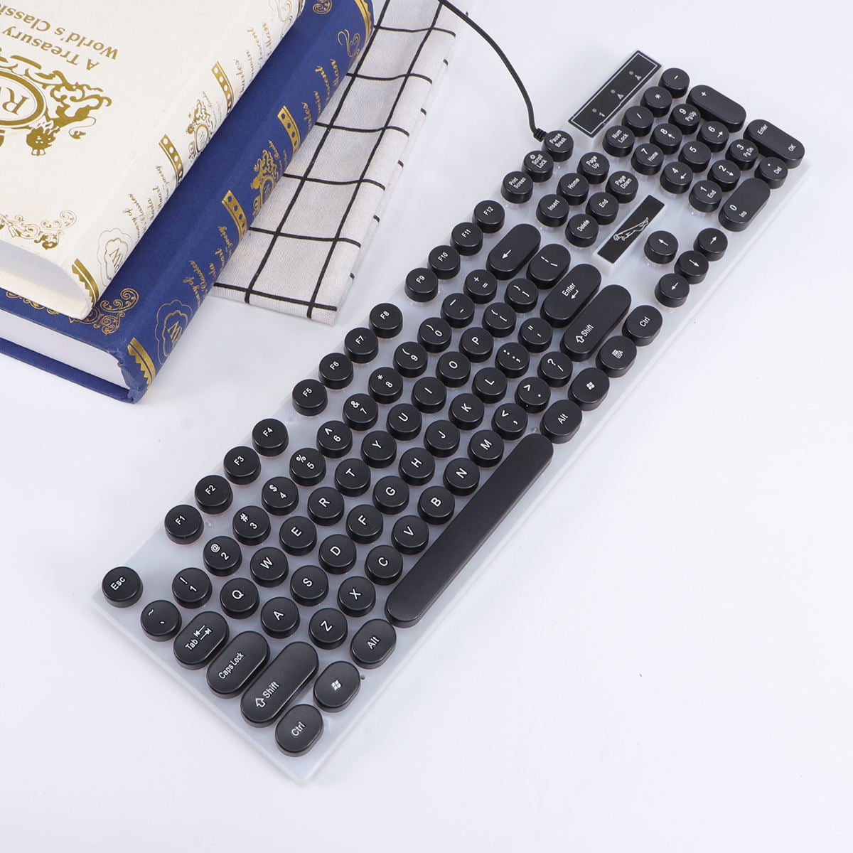 Amosfun Wired Black USB Glowing Keyboard with Round Keys for Computer and Mobile Device Use Portable Design