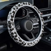 XUKEY Leopard Print Fuzzy Steering Wheel Cover Warm Fluffy Anti-Slip Protector Elastic Grey