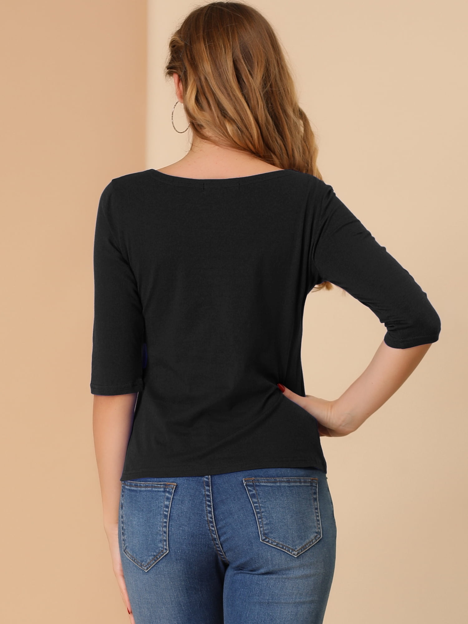 DARING DIVA Women's Elbow Sleeves Boat Neck Slim Fit Classic Tee M Black
