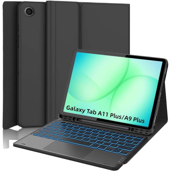 7 Color Backlit Touchpad Keyboard Case for Samsung Galaxy Tab A11 Plus/A9 Plus 11", S Pen Holder Leather Cover, Black