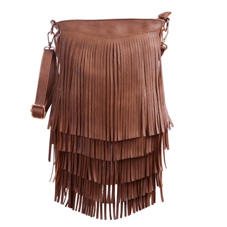 Hde Leather Fringe Shoulder Bag Crossbody Tassel Handbag Women S Purse Dark Camel