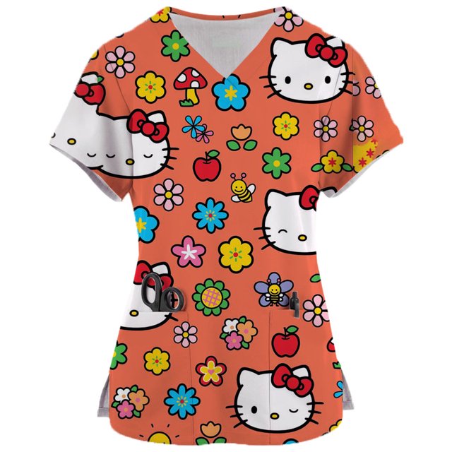 Beach Style Hello Kitty Scrubs Medical Uniforms Woman Hello Kitty Cartoon Printed Nurse Tops Pet Groom Short Sleeve Carer Clothe