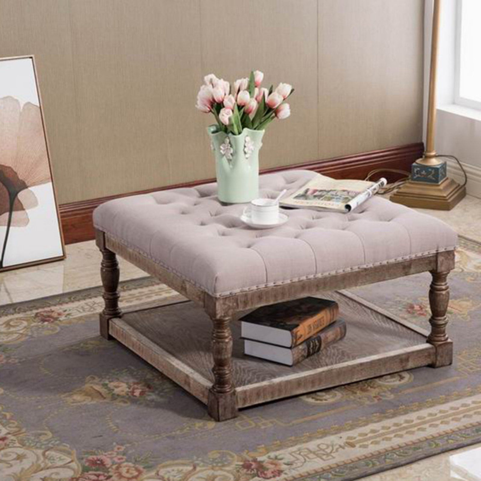 Cairona Cream Tufted Fabric 34-inch Shelved Ottoman