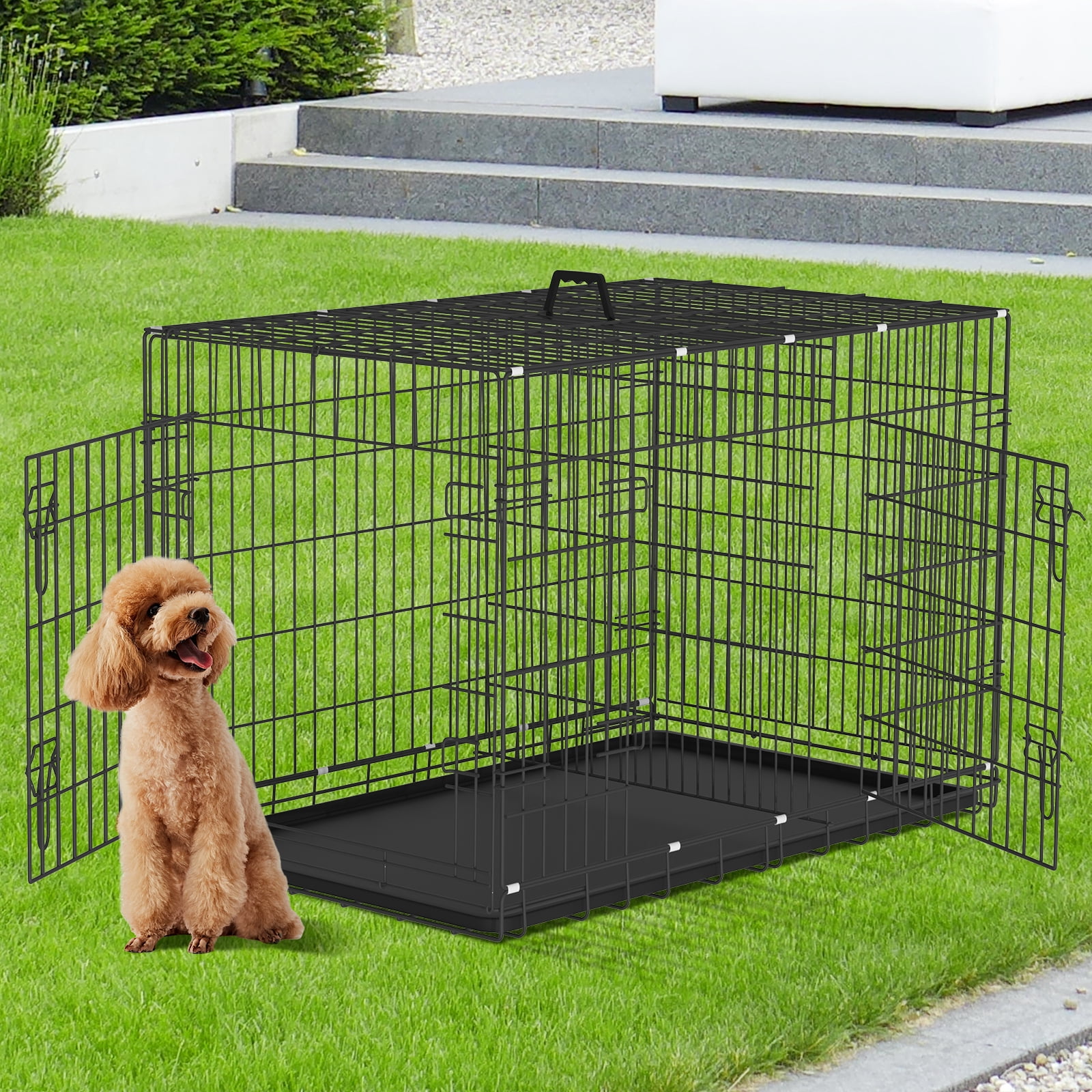 24" Dog Crate Small Dog Cage Folding Dog Kennel for Small Dogs Metal Wire Crates Puppy Crate with Tray&Two Doors，Pet Cages Outdoor and Indoor Use （Black）