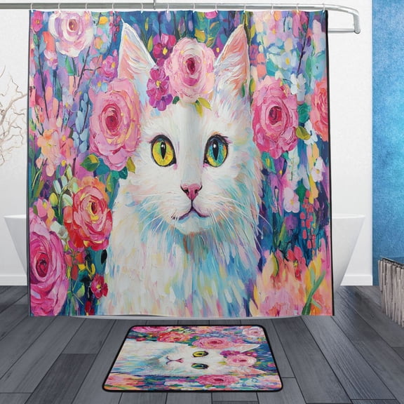 BZSMCE Shower Curtain and Bath Accessory Set,Cat with Floral Background Pattern