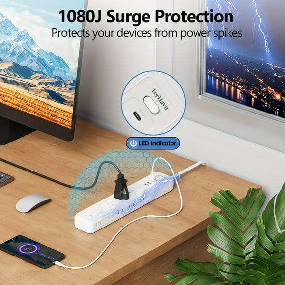 Surge Protector Power Strip with 15 Outlets 4 USB Ports (2 USB C), 5ft Flat Plug Extension Cord, 1875W Wall Mount, Desktop Charging Station for Home Office Dorm, White,