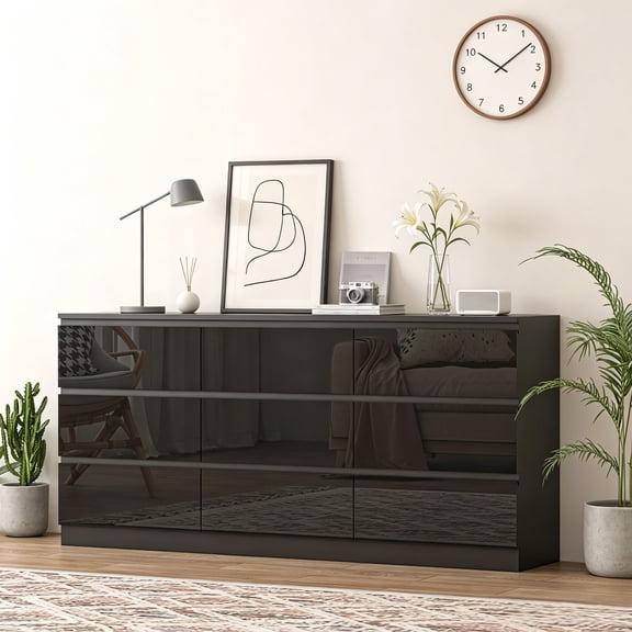 JassmiPkwy Black Dresser with 9 Drawers, Modern Long Black High Gloss for Bedroom, Wood Chest of Drawers for Living Room Black