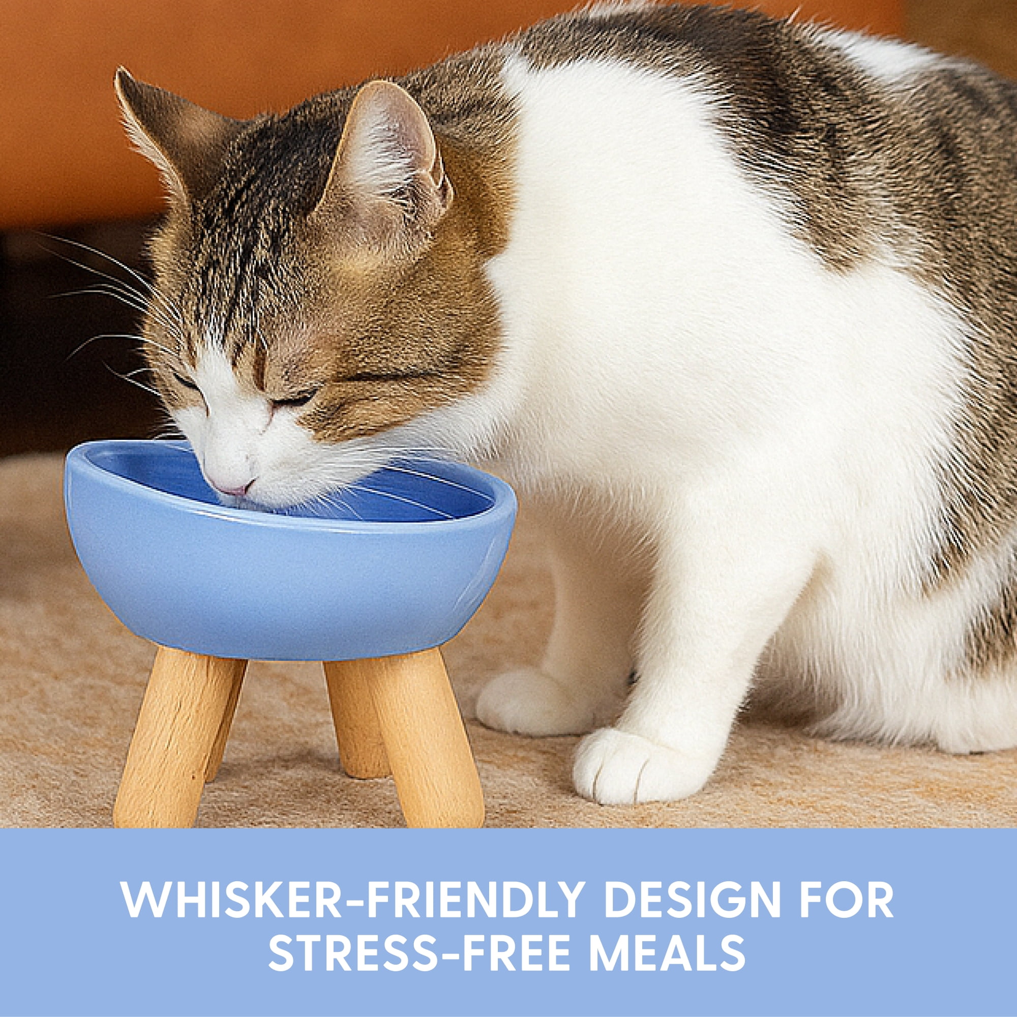 The Cat Ladies Tilted Ceramic Cat Bowl - Elevated Food Bowls Ceramic Pet Bowl - Raised Ceramics Bowls - Elevated & Tilted Design for Comfortable Eating - Blue