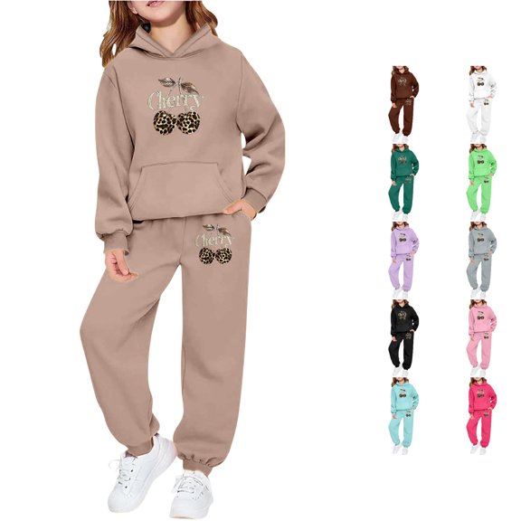RUTAYY Girls 2 Piece Casual Set Leopard Cherry Graphic Hooded Sweatshirts Elastic Waist Jogger Pants Kids Daily Outfit Khaki