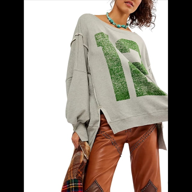 Camiseta con Gráfico de Números para Mujer, Sudadera de Larga con Cuello Redondo, Suéteres Extragrandes. Gris L