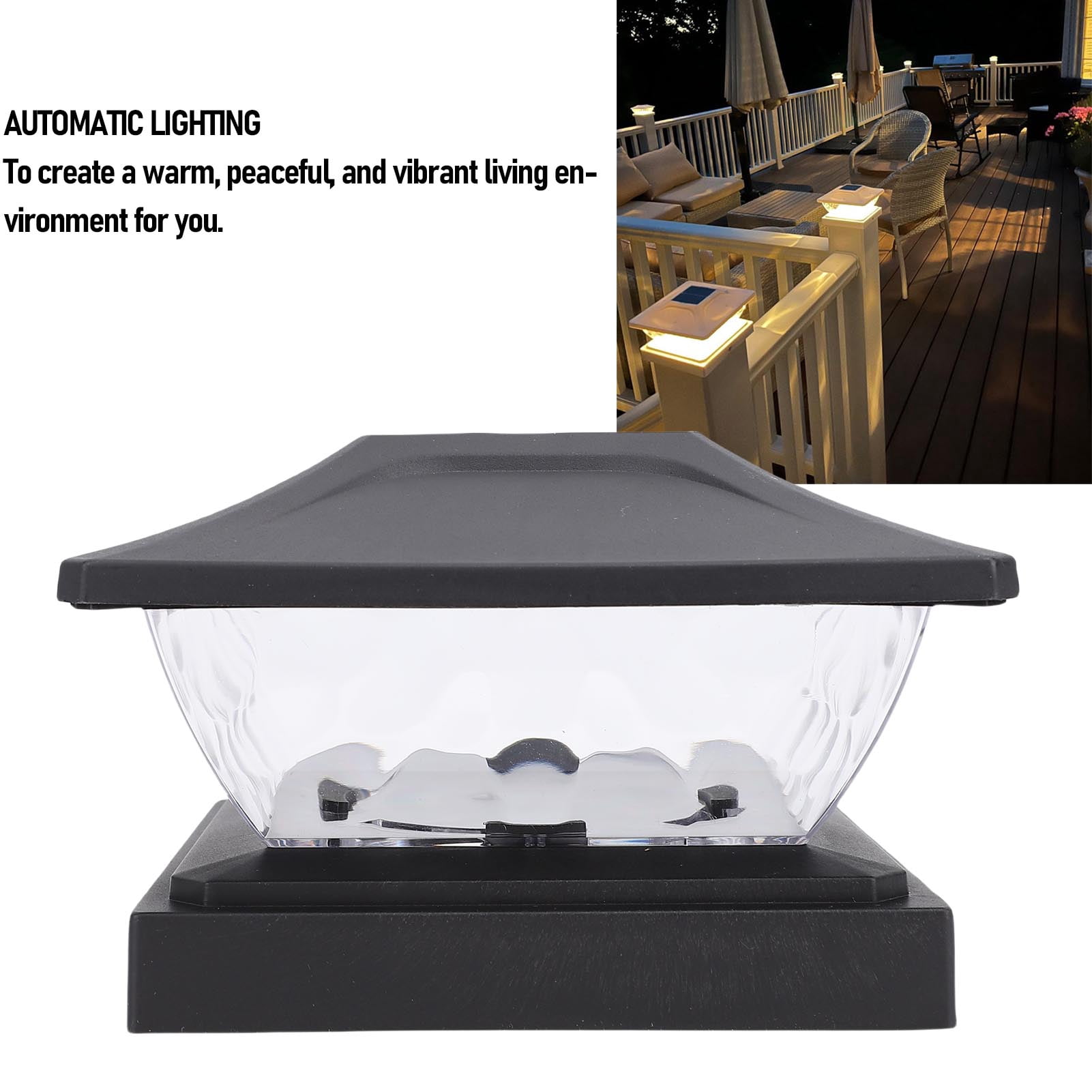 YAHHU 2 Pack Solar Post Light LED Warm and White Lighting Weather Proof Solar Powered Deck Fence Post Cap Light for Patio Porch Outdoor Landscape Illumination, Black (6.3 in / 16 cm)