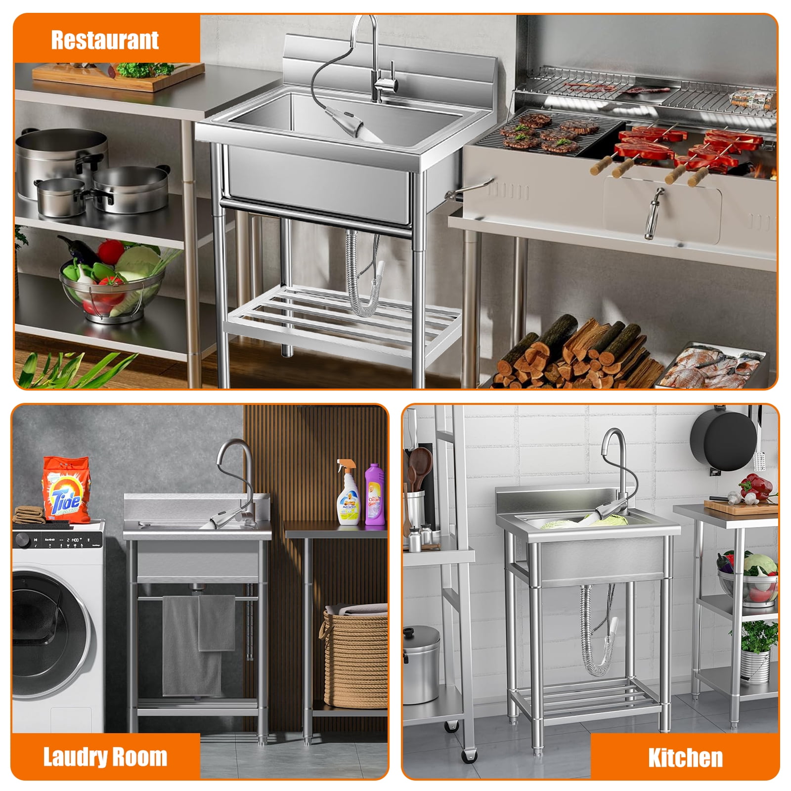 Stainless Steel Utility Sink, Freestanding Single Bowl Kitchen Sink with Cold and Hot Water Pipes/Pull-Out Faucet/Storage Shelf, Commercial Laundry Sink for Indoor Outdoor