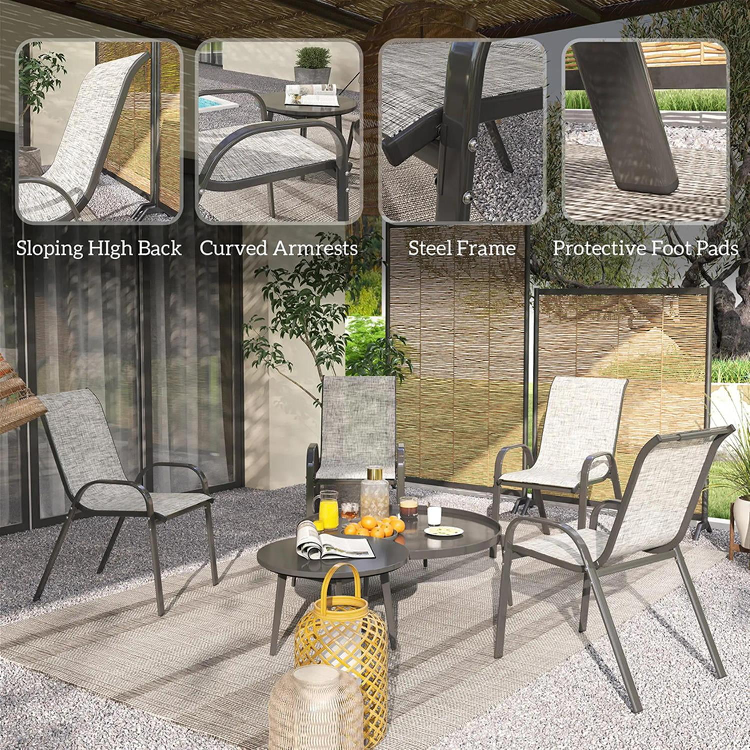 Demi Bonn Outdoor Dining Chairs Set of 4, Stackable Patio Chair with High Back, Breathable Mesh Seat for Garden, Backyard, Deck, Porch, Lawn, Gray