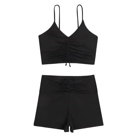WREESH Womens Tie Front Bikini Set Short Sleeve Two Piece Swimsuit High Waisted Bathing Suits with Shorts Fashion Casual Conservative Flat Angle Pleat Swimsuit Solid Color Bikini Black