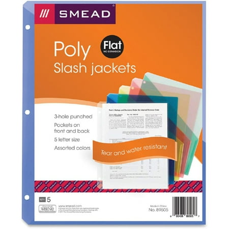 Smead Poly Slash Jackets, Translucent, Three-Hole Punched, Letter Size, Assorted Colors, 5 Count