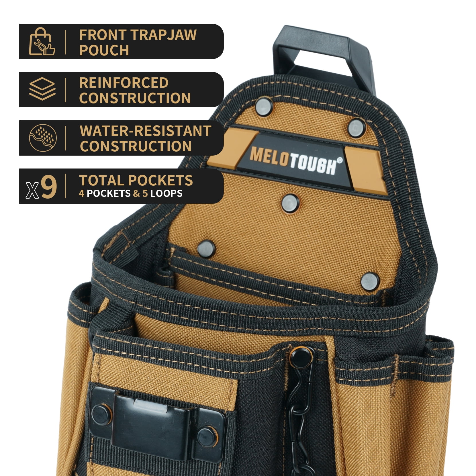 MELOTOUGH Small Electrician Tool Pouch With Belt Clip Attachment - 9 Pockets Tradesman Bag With Tape Thong - Holster for Electricians