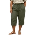 thumbnail image 5 of Women's Plus Size Casual Solid Lace Trim Drawstring 3/4 Pants, Cotton Linen Blend Summer Capris, Soft Elastic Waist Side Pockets, Lightweight Breathable for Work Walking | TruHer,Army Green L, 5 of 6