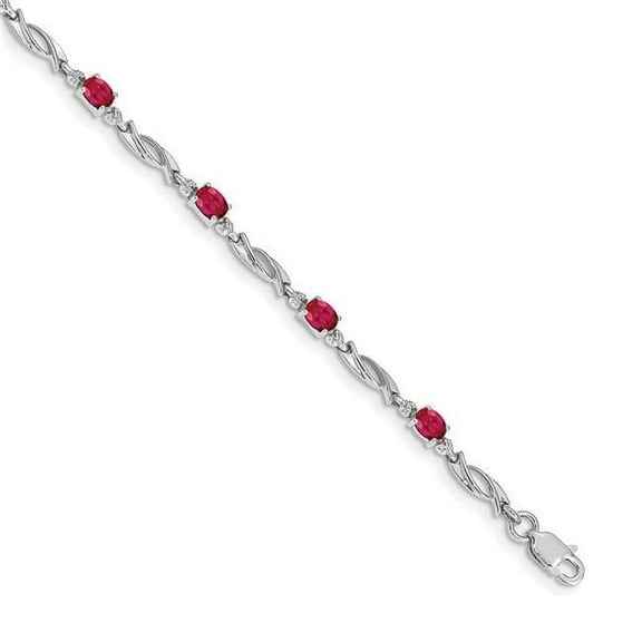 14k White Gold Polished Lobster Claw Closure With Diamond and Ruby Gemstone Bracelet