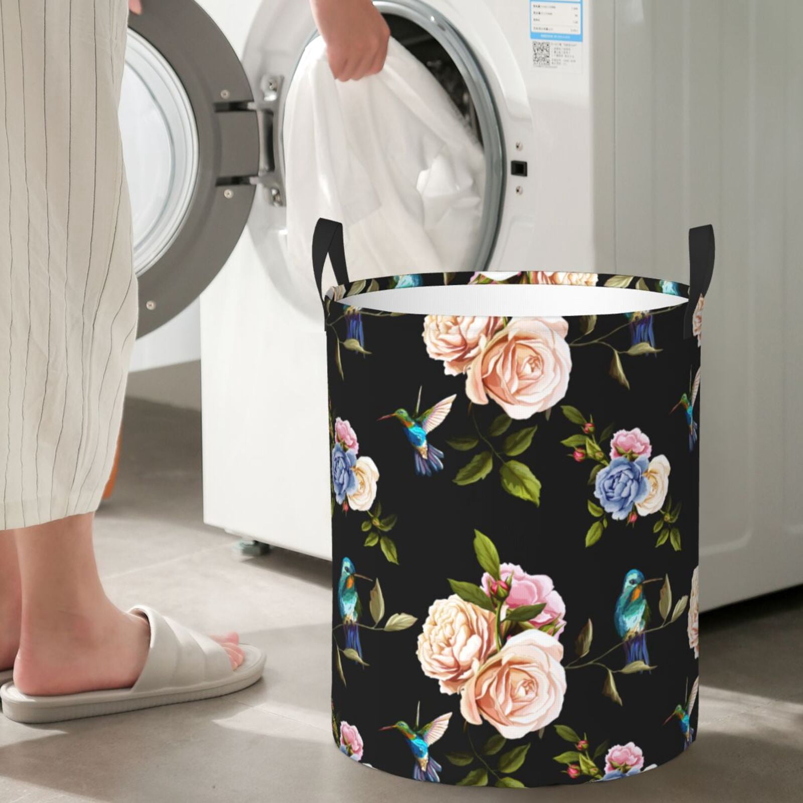 Large Laundry Basket with Handles - Hummingbird Carnation Black Kids Baby Dirty Clothes Laundry Hamper for Bedroom Aesthetic