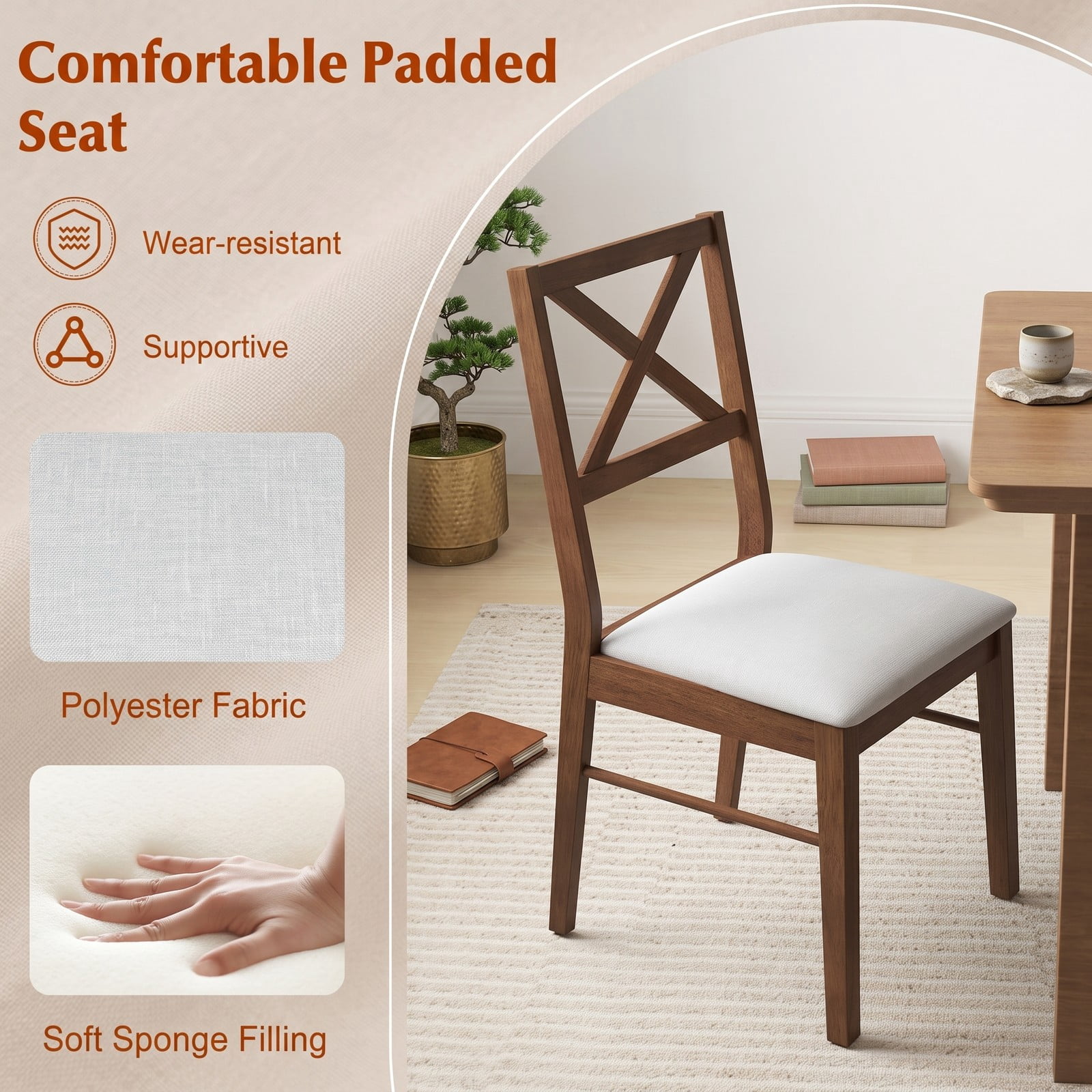 Furnibear Upholstered Dining Chairs Set of 2, Padded Side Chairs with Rubber Wood Frame, Ergonomic Cross Backrest & Non-Slip Foot Pads for Kitchen Living Room, Brown