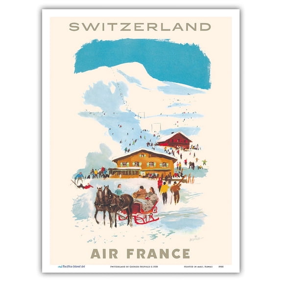 Switzerland - Ski Lodge - France - Vintage Airline Travel Poster by Georges Beuville c.1958 - Master Art Print (Unframed) 9in x 12in
